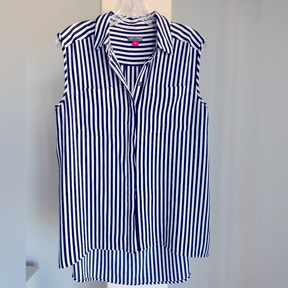 Vince Camuto black and white stripe sleeveless blouse